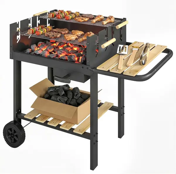 Holzkohlegrill Grillwagen mit 4-fach höhenverstellbarer